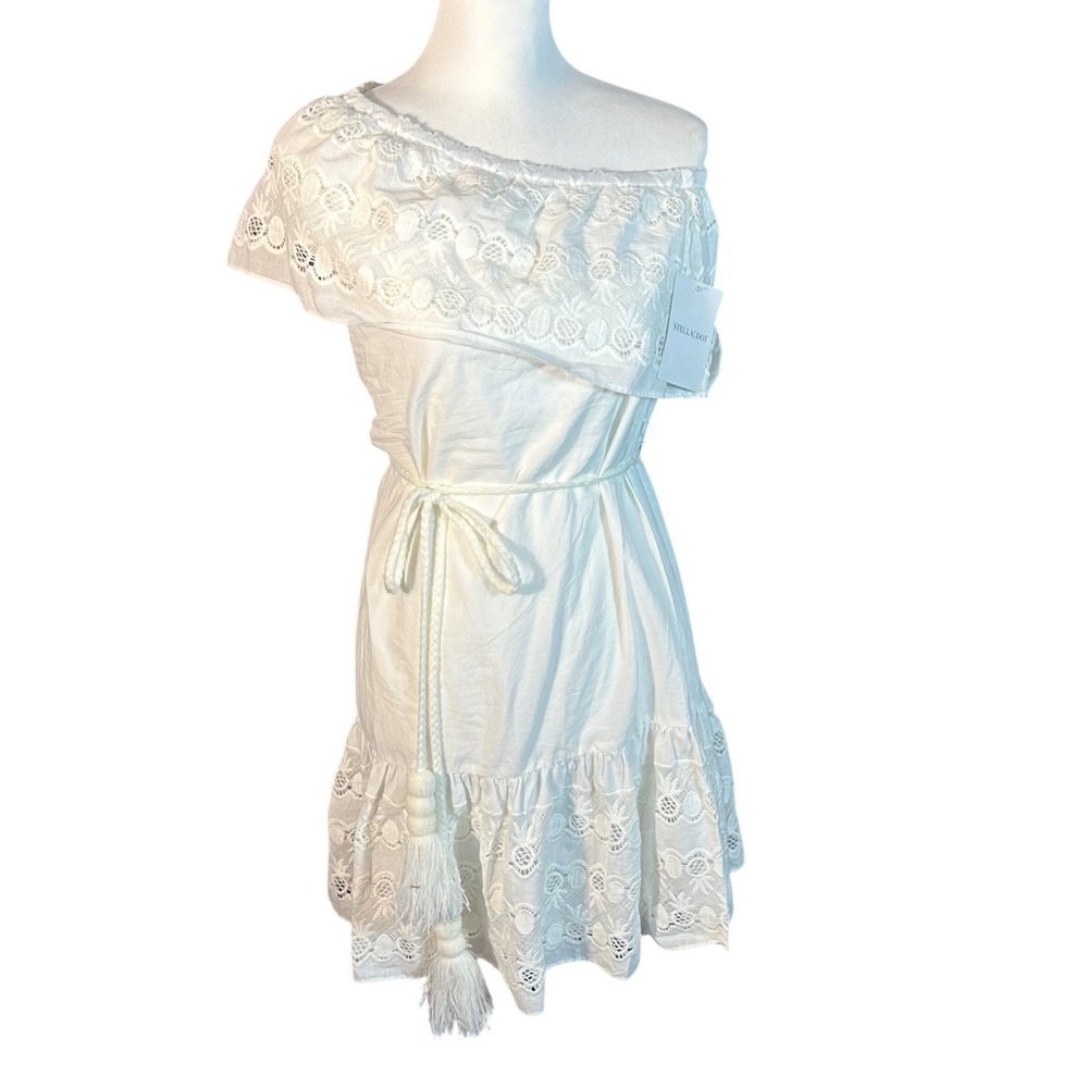 Stella & Dot Dress NWT Womens S White Cora‎ One Shoulder Lace Eyelet Tassel Boho